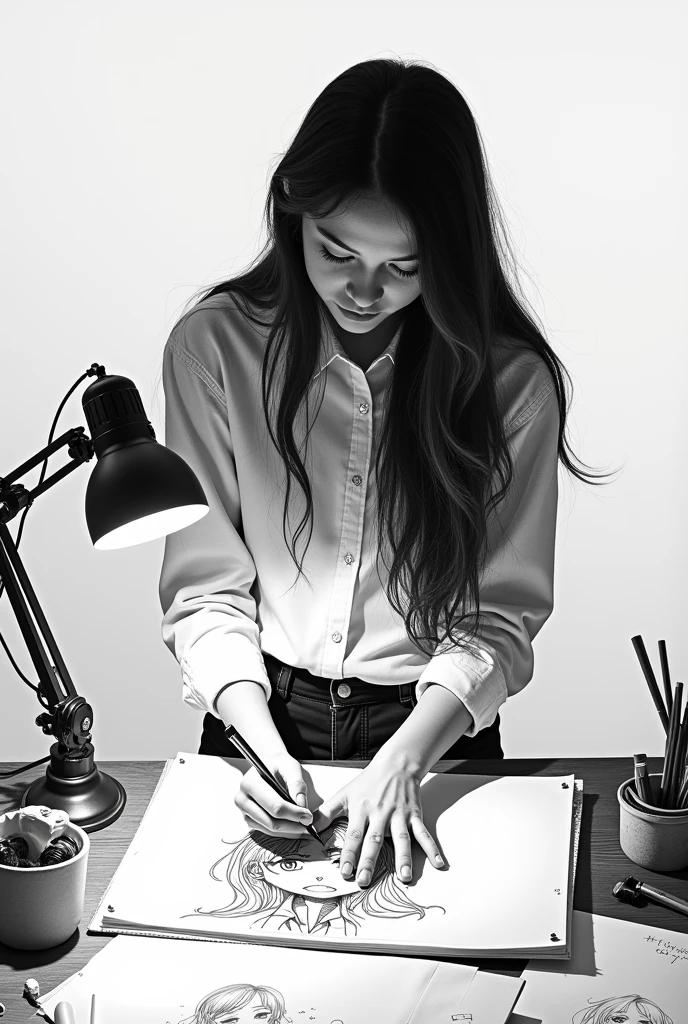adult girl standing straight, drawing manga anime black and white on white background