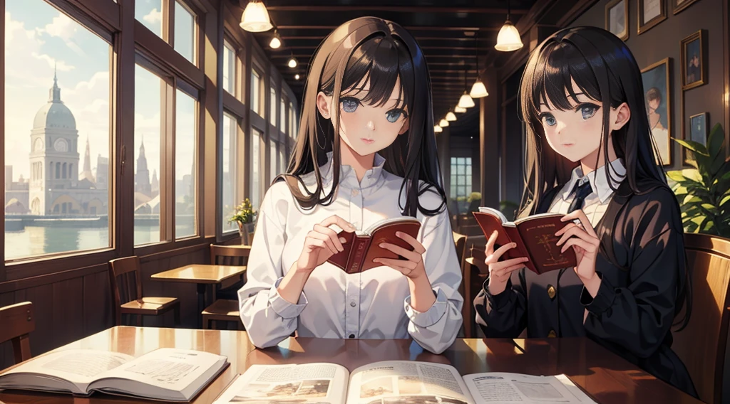 masterpiece, Highest quality, Ultra-fine illustrations, very cute, Highly detailed beautiful face, Reading a book at a cafe