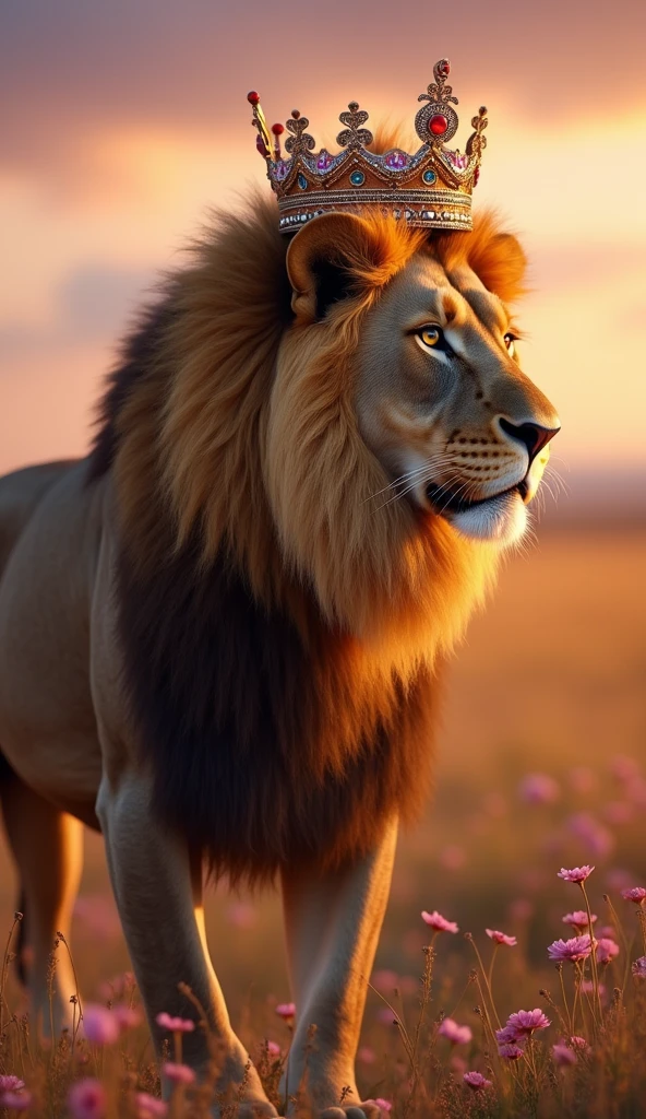 Ultra-realistic 8k strong and beautiful female lion with details of pink flowers and a crown 