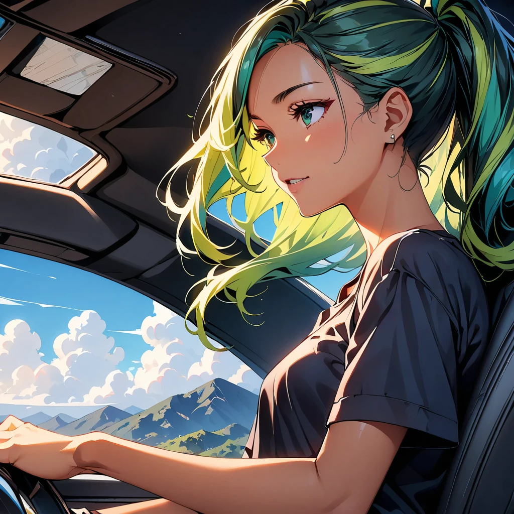 (highest quality:1.2, Very detailed, up to date, Vibrant, Ultra-high resolution, High Contrast, masterpiece:1.2, highest quality, Best aesthetics), Portraiture、girl、((25 years old:1.8)), (slim:1.2),Bright colors、Beautiful fine details、Beautiful lip detail、long hair, (ponytail:1.3), white and yellow green ((streaked hair:1.6)), highlights hair: 1.5, (small breast,:1) (tan skin:1.2), ((drive a car:1), sitting in the driver's seat), convertible car, blue sky and white cloud, black t-shirt, jeans shorts, looking ahead, side view