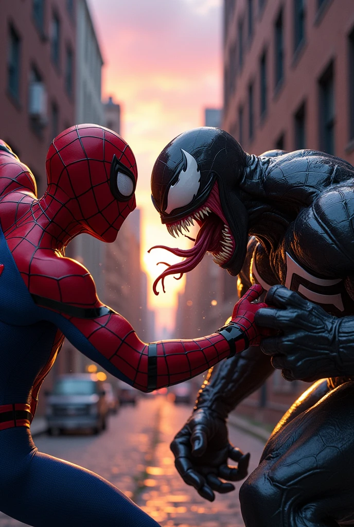 Venom qui se fait frappe par Spider man et spiderman mettre un coup de poing a Venom 