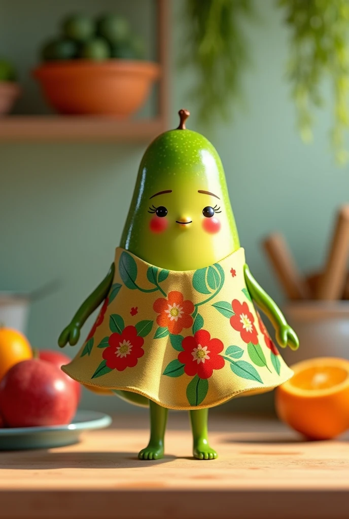 An avocado with a dress and makeup on that has legs and arms