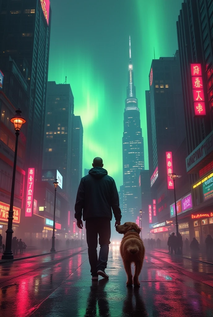 Create an image featuring a brown skin man and his golden retriever standing in a neon-lit, rainy street with a dramatic, glowing sky filled with clouds and possibly an aurora or unusual atmospheric phenomenon. The setting should be at night, reflecting the lights on the wet pavement, and capturing a futuristic or cyberpunk aesthetic with a dark red theme. They should be walking toward the light and we should see them from their back.
Make it hyper realistic