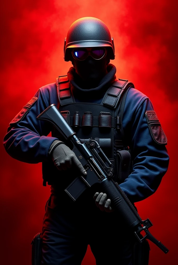 Create an image of a Counter-Strike 2 counter-terrorist with a red background holding a knife