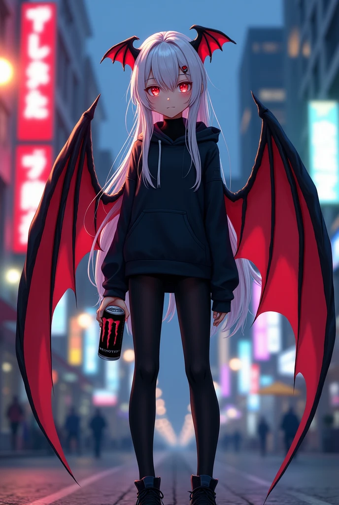 Kizuro is a young boy of average height, Eyes red, pale skin with long white hair with long strands falling over his shoulders and a fringe on his face that covers his left eye. He has black bat wings with red insides on his back and his face is very feminine. He's wearing a black long-sleeved turtleneck shirt, He's wearing a black hooded sweatshirt, black pants that go all the way down but don't go past his black sneakers. He's in a city holding a can of Monster Energy in his hand.
