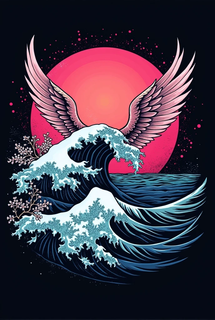 Coastal Shirt Art, black and pink with white gradient lines, insert angel wings as watermark