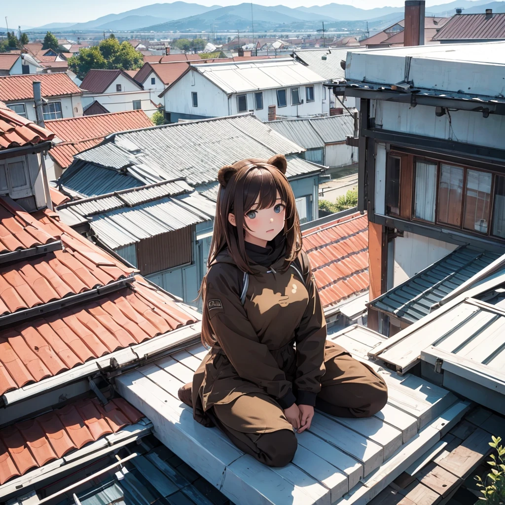 Girl half human half bear sitting on the roof