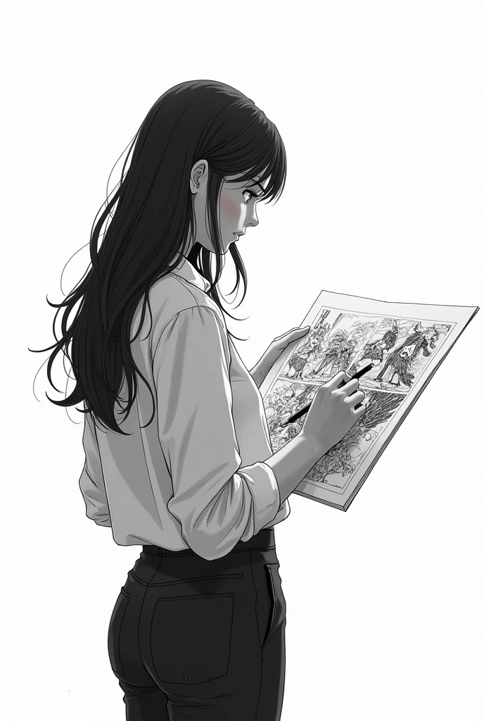 adult girl standing straight, drawing manga black and white on white background