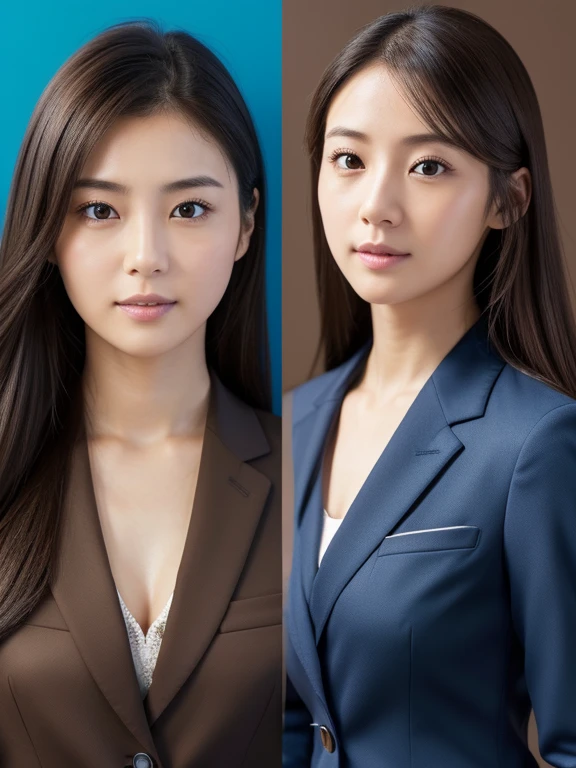 (((ID photo)))、(((((Realistic))))), RAW Photos, Japanese women、28 years old、Located in the center of the screen、(((Facing the camera with their whole body)))、(look straight ahead)、(Looking at the camera)、((Beautiful Eyes))、Light in your eyes、office lady、(((Beautiful face like an actress))),((((Brown formal suit))))、Anatomically correct、Realistic proportions, Complex,超detailedな,High dynamic、8K Wallpaper、Sharp focus,high quality,((Ultra-high resolution)), masterpiece, completion, detailed.impressive, Attention to detail, ((((Simple blue background)))),No bangs、Long Hair、Realistic skin texture、Hair is neatly out of the face、Posture is to straighten your back and imagine slightly puffing out your chest、Looking straight at the camera.、Adjust the gaze so that it is horizontal to the camera.