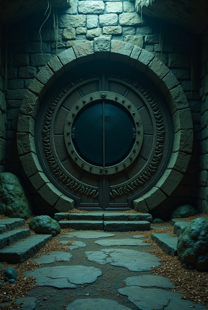 a door of an ancient Lovecraftian temple, circular in shape with a large black circle in the middle. of ancient aesthetics. Inside the dark temple.