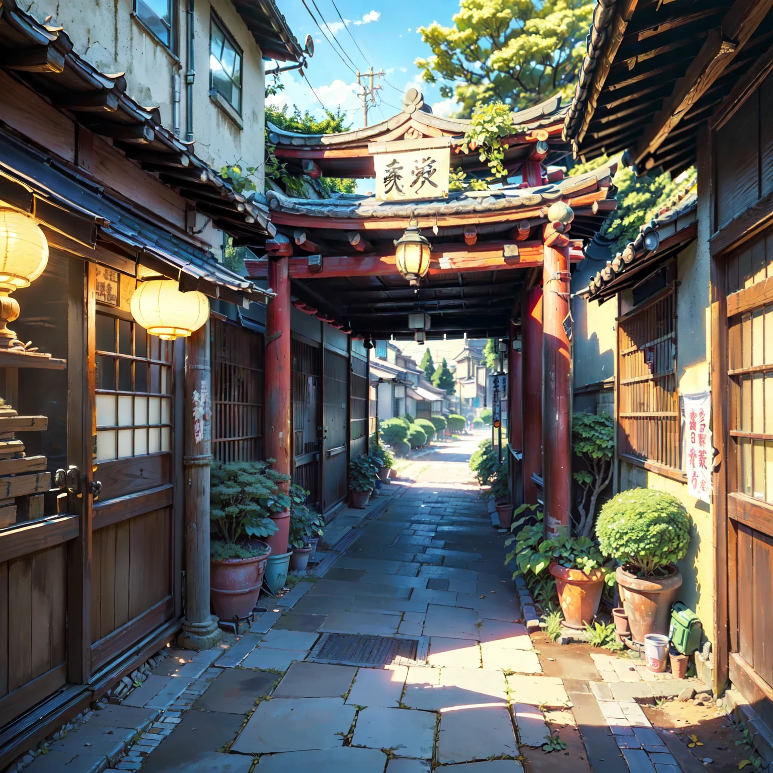 ((score_9, score_8_up, score_7_up, score_6_up)), ((rural japanese street corner: 1.3)), japanese architecture, ((torri gate arching over street: 1.2)), detailed anime artwork, anime scene, ((bright blue sky: 1.0)), extra detailed, very detailed, ((vibrant banners with japanese text: 1.2)), ((glass windows: 1.1)), ((big plant pots: 1.1)), ((japanese lanterns: 1.1)), ((wooden doors: 1.1)), metal trash can, anime style, anime, lofi, lofi vibe, sparkle, cinematic lighting, god rays, glowing light, ((best quality:1.5)), ((masterpiece:1.5)), ((highly detailed:1.3)), ((anime aesthetic:1.2)), ((no one: 1.2)), ((no people: 1.2))
