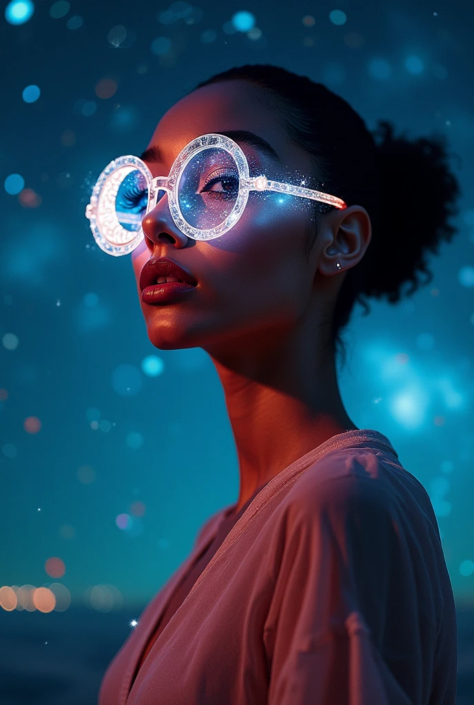 The model is wearing glass sunglasses with stars and the moon on the glass naked