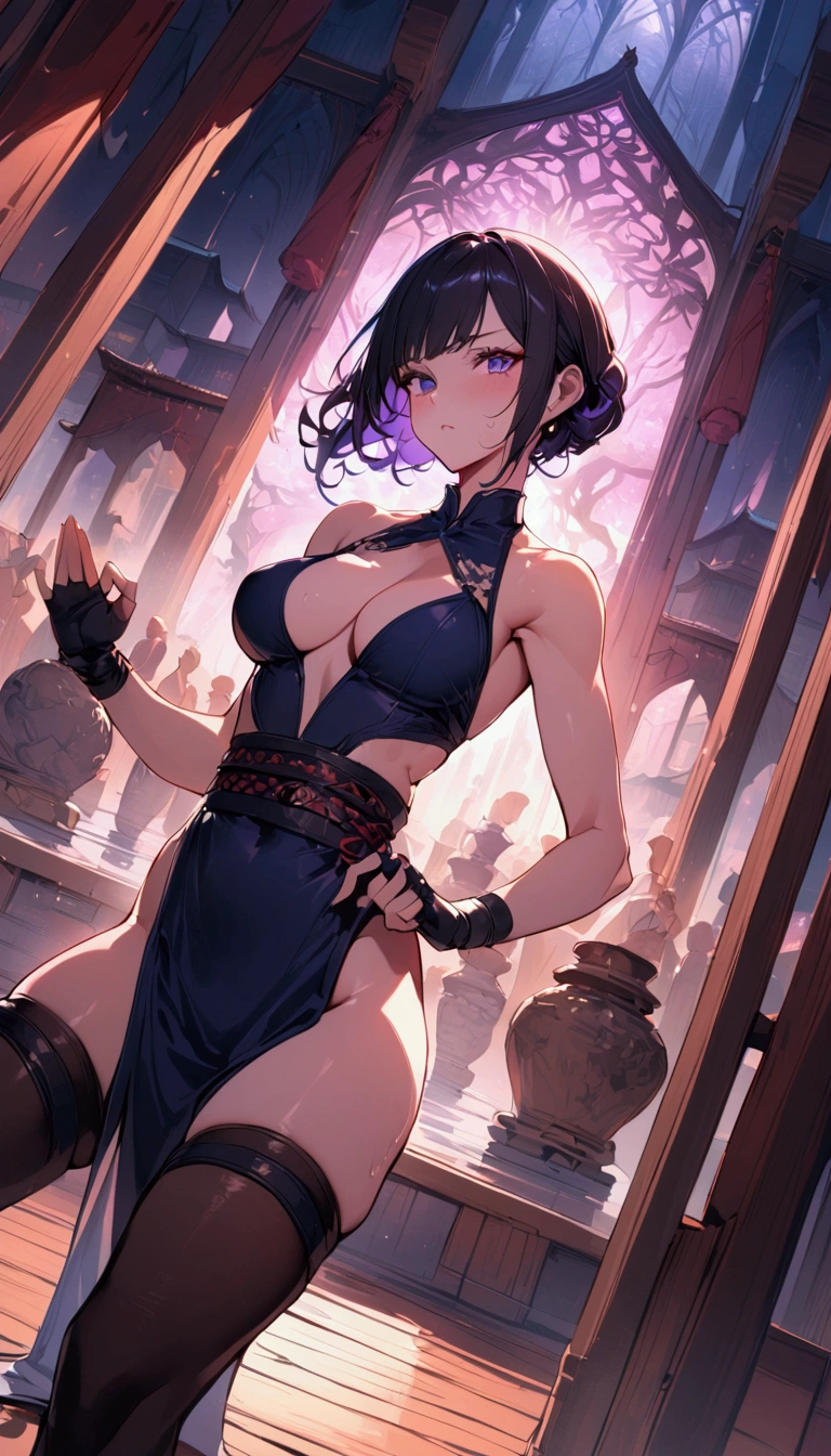 cowboy shot,dutch angle,{{masterpiece}}, {{{best quality}}},{{ultra-detailed}}, {{illustration}}(Beautiful and fine eyes)、female martial artist, Elegant Fighting Pose,fingerless gloves,pelvic curtain,Black pantyhosens,martial arts belt,short boots,sweating Inside the Dojo