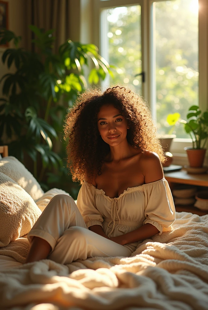 (photorealism:1.2), beautiful woman, sitting on bed, wearing loose off-shoulder top, pajama pants, long curly hair, indoors, soft lighting, plants in background, window with sunlight, cozy room, relaxed pose, realistic, intricate details, warm colors, by Greg Rutkowski, by Alphonse Mucha