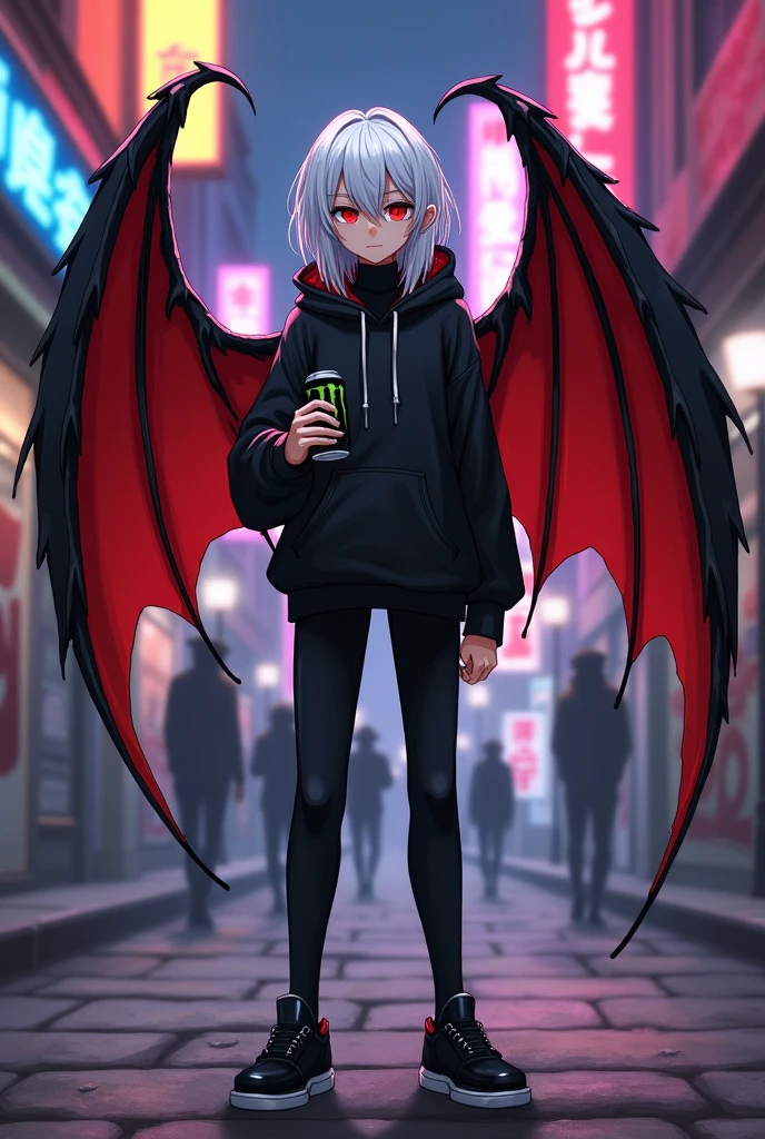 Kizuro is a young boy of average height, Eyes red, pale skin with long white hair with long strands falling over his shoulders and a fringe on his face that covers his left eye. He has black bat wings with red insides on his back and his face is very feminine. He's wearing a black long-sleeved turtleneck shirt, He's wearing a black hooded sweatshirt, black pants that go all the way down but don't go past his black sneakers. He's in a city holding a can of Monster Energy in his hand.