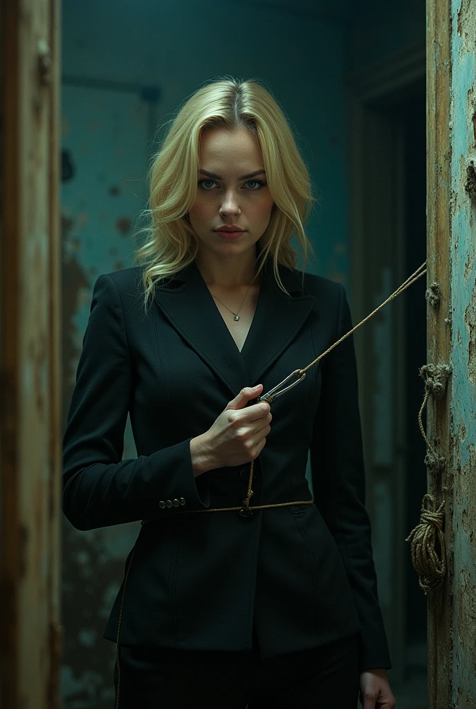 A blonde, blue-eyed female spy ties up a beautiful young secretary, hand and foot., in an abandoned building