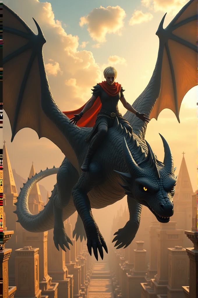 A man with short platinum blonde hair riding a black dragon flying over an ancient medieval city in the style of Egypt