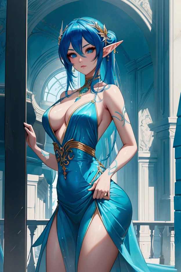 a woman with blue hair and a teal ballroom dress is standing, style artgerm, trending artgerm, artgerm lau, artgerm style, style of artgerm, as seen on artgerm, artgerm and rossdraws, extremely detailed artgerm, like artgerm, artgerm art, blue sea-elf, full body, Blue skin, azure complexion, TEAL SKIN, BLUE ELF