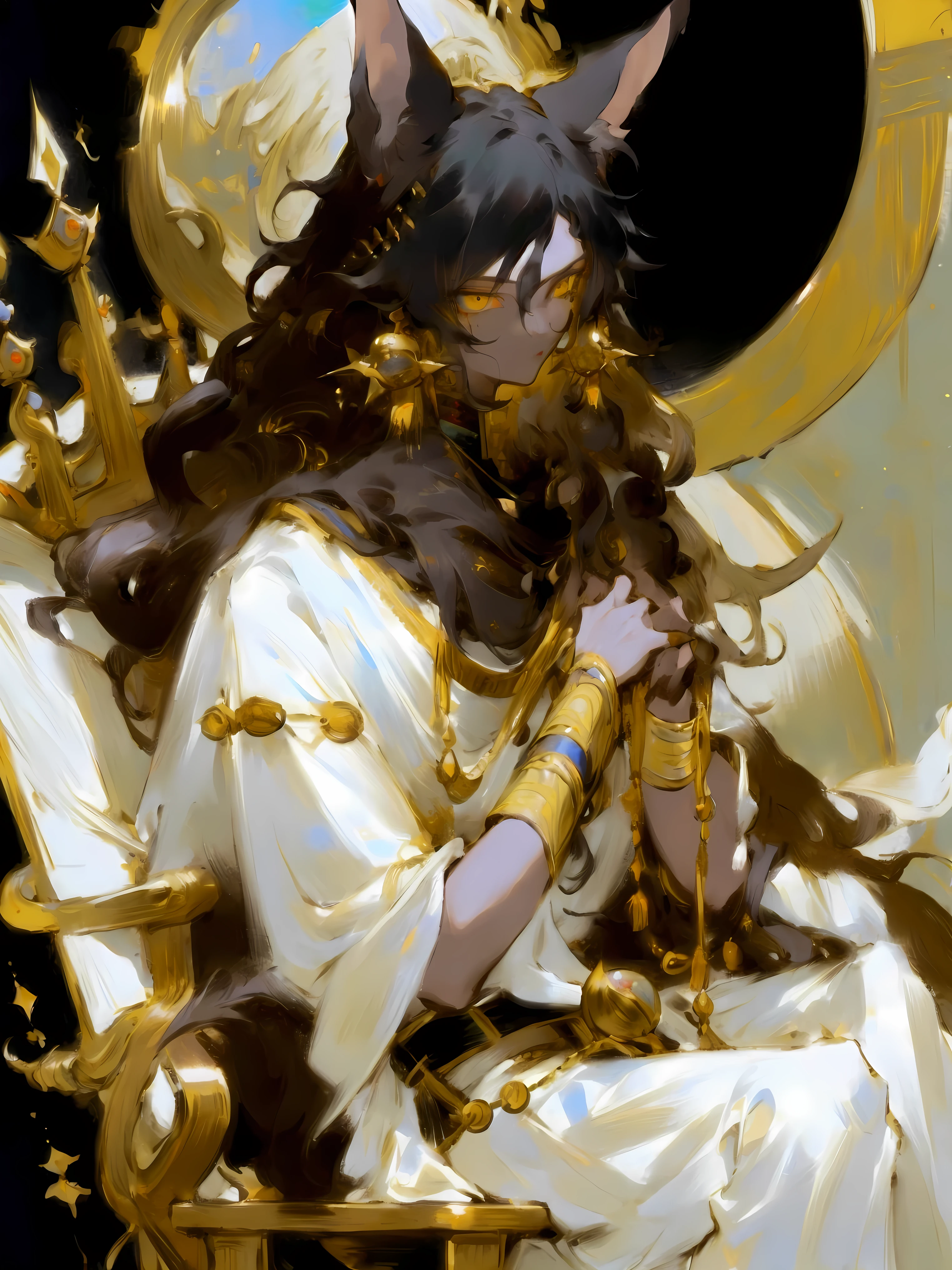 masterpiece, 8k, best quality, ((expressive eyes))
1man: dark skin, long hair, messy hair, black hair, golden eyes, jackal ears, gold accessories, accessories on head, accessories on chest, white wide pants, belts, sitting on throne, spheres in hands, egypt