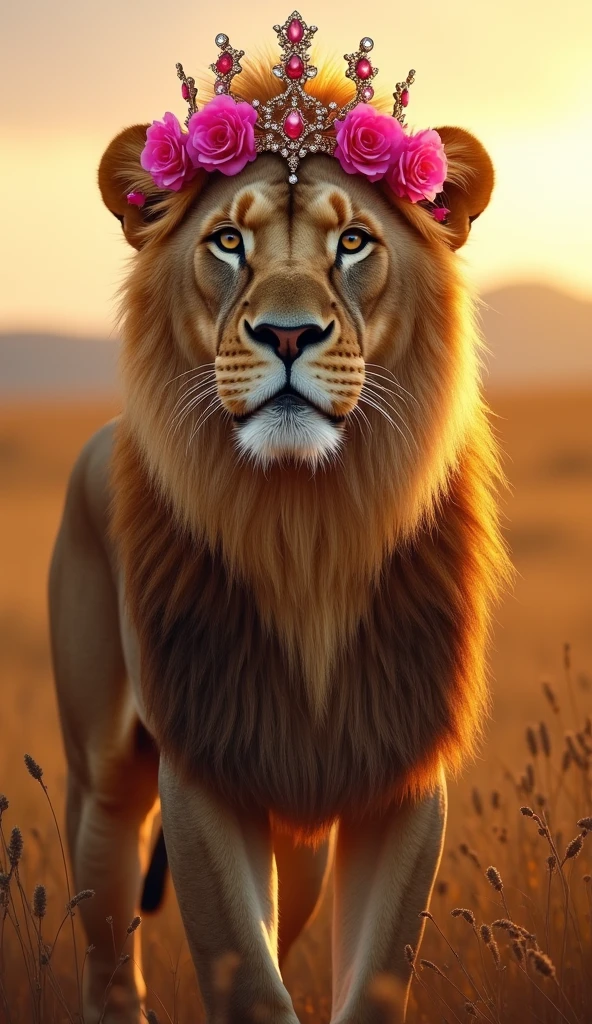 Strong and beautiful ultra-realistic 8k female lioness with details of pink flowers and a queen's crown