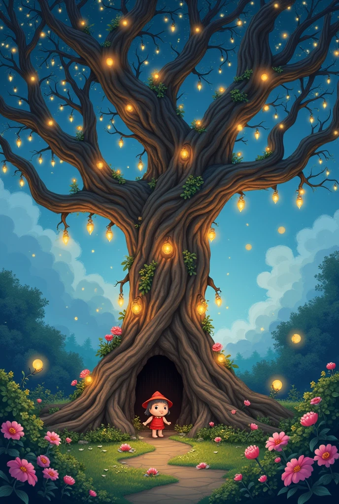 Magic tree with faulty lights in a garden, a storybook illustration inspired by Jeremiah Ketner, behance contest winner, Fantasyart, Detailed and cute digital art,