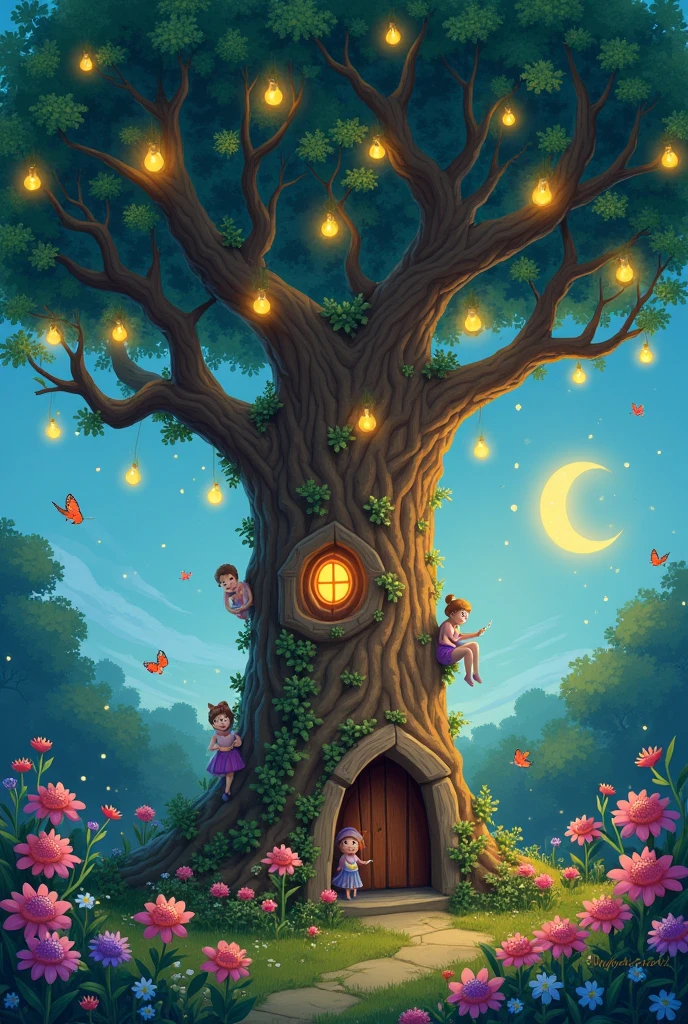 Magic tree with faulty lights in a garden, a storybook illustration inspired by Jeremiah Ketner, behance contest winner, Fantasyart, Detailed and cute digital art,