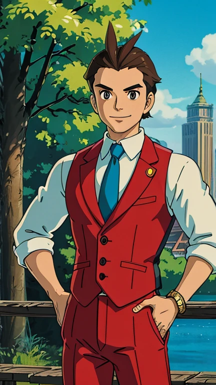 (1boy, apollojustice), (extremely detailed CG unit 8k wallpaper),(master part), (best quality), (ultra detail), (best illustration),(ghibli style), cowboy shot, (Sharp eyeliner, ombre, detail eyes:1), city park, outdoors , break , (GHIBLI_Background), upper body, smile, looking at viewer, hand on hip, antenna hair, white shirt, blue necktie, sleeves rolled up, red vest, red pants, jewelry, bracelet,