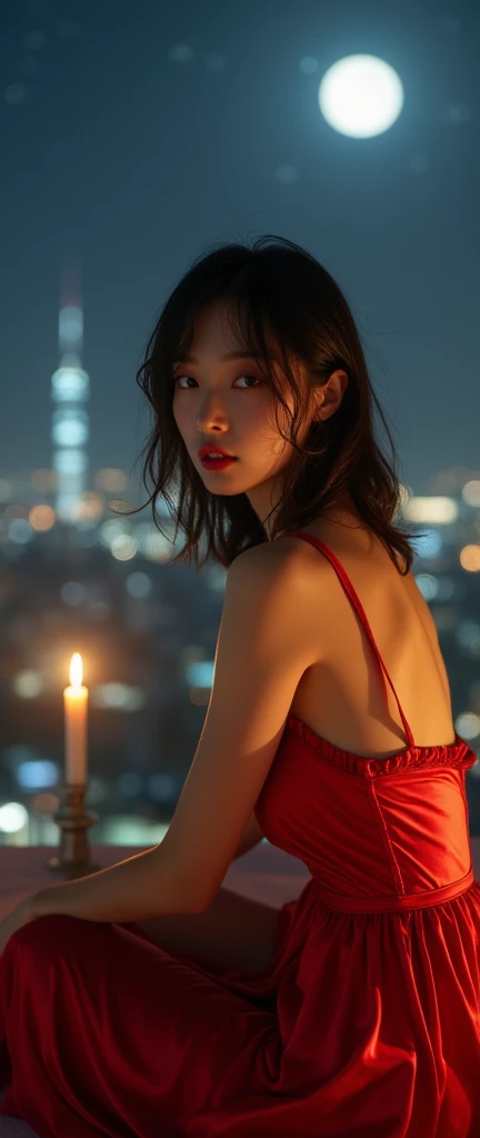 (32K:1.9, Highest quality, masterpiece, Ultra-high resolution), Professional camera work:1.6, Very detailedな肌と顔の質感:1.3, attractive肖像画:1.3, Very accurate, Very detailed, 1 adult Japanese female, ((Amazing night view from the rooftop, The moonlight at night illuminates my body)), (Satin Red Nightgown:0.5), Incredibly slim body, Fair skin, elegant, Expressions of sadness, (Big eyes that exude beautiful eroticism:0.8, Sad expression:1.0, I love you with all my heart:0.8, Open your mouth a little, lipstick, Feel the beautiful eroticism:0.8), (Wet dark brown medium length hair), Candles, Mid-chest, Earrings, necklace, bracelet, Sensual sitting position, (romantic, dramatic, mysterious), Object of admiration, format, artistic, Innovative, attractive, Stimulate the, Extreme, Tilt, ((Adult charm, Feminine charm, Hair blowing in the wind))
