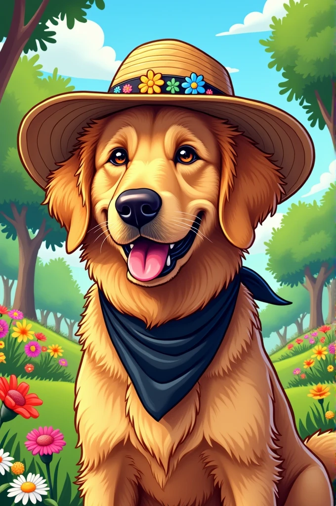 Create a Golden retriever with a hat, a black bandana and make the image in comic style