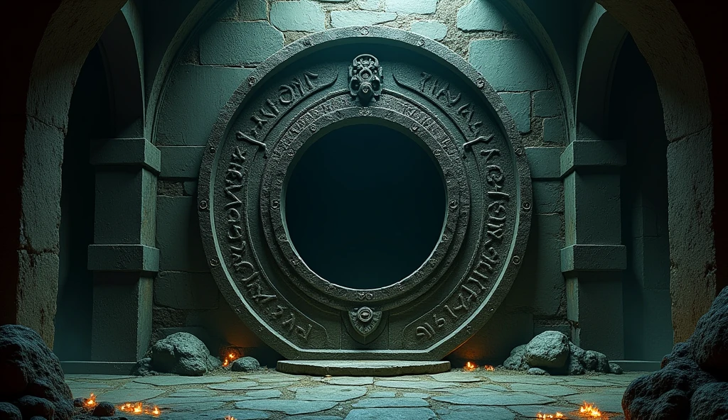 a door of an ancient Lovecraftian temple, circular in shape with a large black circle in the middle. of ancient aesthetics.  Inside the dark temple.