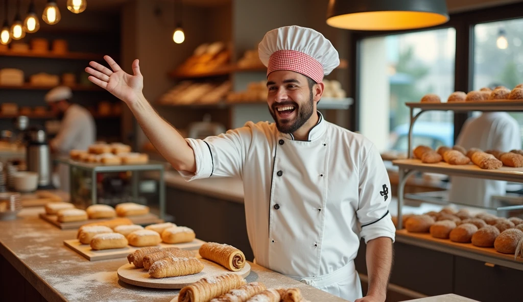 Create an Italian pastry chef making a hand gesture and saying 'pan bono'