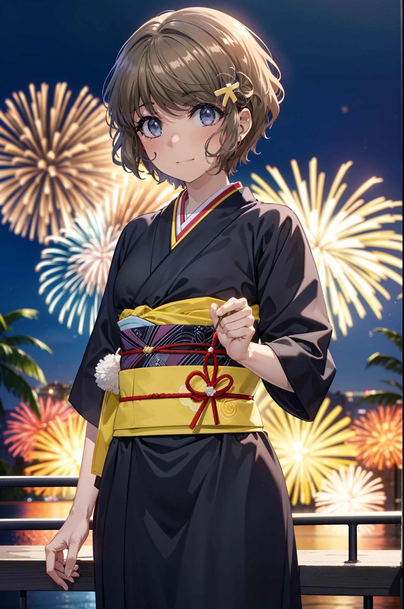 tomoekoga, Chie Koga, short hair, Brown Hair, blue eyes, Flower Hair Ornaments,smile,black kimono,日本のFestivalり,夏Festivalりの屋台,Red lantern,Fireworks in the night sky,Fireworks、The place is a fireworks display,Time is night,sunny day,turn around,whole bodyがイラストに入るように
break outdoors,Festival ,
break looking at viewer, whole body,(Cowboy Shot:1.5),
break (masterpiece:1.2), Highest quality, High resolution, unity 8k wallpaper, (figure:0.8), (Beautiful attention to detail:1.6), Highly detailed face, Perfect lighting, Highly detailed CG, (Perfect hands, Perfect Anatomy),