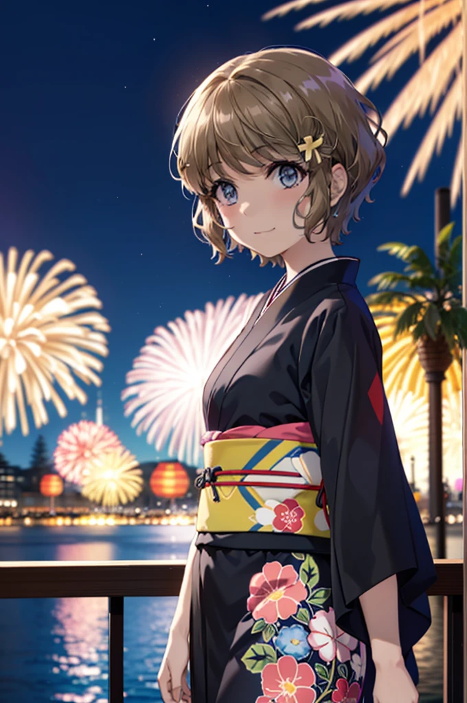 tomoekoga, Chie Koga, short hair, Brown Hair, blue eyes, Flower Hair Ornaments,smile,black kimono,日本のFestivalり,夏Festivalりの屋台,Red lantern,Fireworks in the night sky,Fireworks、The place is a fireworks display,Time is night,sunny day,turn around,whole bodyがイラストに入るように
break outdoors,Festival ,
break looking at viewer, whole body,(Cowboy Shot:1.5),
break (masterpiece:1.2), Highest quality, High resolution, unity 8k wallpaper, (figure:0.8), (Beautiful attention to detail:1.6), Highly detailed face, Perfect lighting, Highly detailed CG, (Perfect hands, Perfect Anatomy),