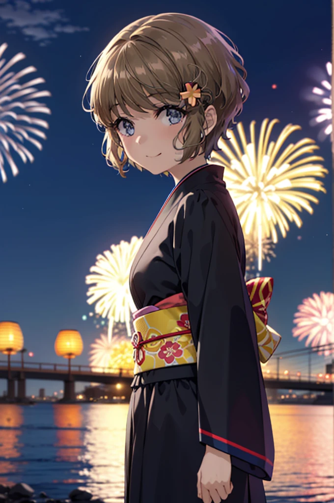 tomoekoga, Chie Koga, short hair, Brown Hair, blue eyes, Flower Hair Ornaments,smile,black kimono,日本のFestivalり,夏Festivalりの屋台,Red lantern,Fireworks in the night sky,Fireworks、The place is a fireworks display,Time is night,sunny day,turn around,whole bodyがイラストに入るように
break outdoors,Festival ,
break looking at viewer, whole body,(Cowboy Shot:1.5),
break (masterpiece:1.2), Highest quality, High resolution, unity 8k wallpaper, (figure:0.8), (Beautiful attention to detail:1.6), Highly detailed face, Perfect lighting, Highly detailed CG, (Perfect hands, Perfect Anatomy),
