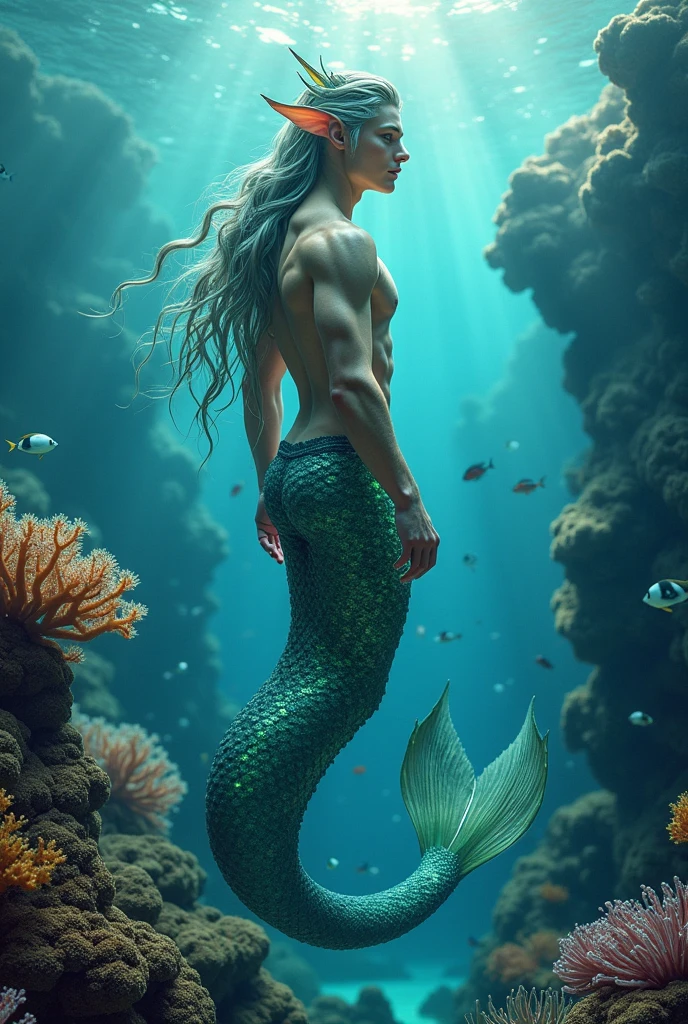 Homme-poisson, beau, écailles blanche nacrés sur la peau , Oreilles d'elf , nageoire dorsale visible, avec des jambes, cheveux semi long