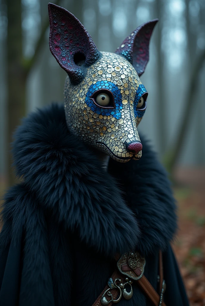 Nepali influenced Sami art dark mythology of resin (jelly-lookin) mask of evils with glass (persian blue and dark purple), mosaic (creme and baby-blue), pearls and abalone, black fur and leather art various techniques fine art japanese art principles avant garde animalistic dark magic