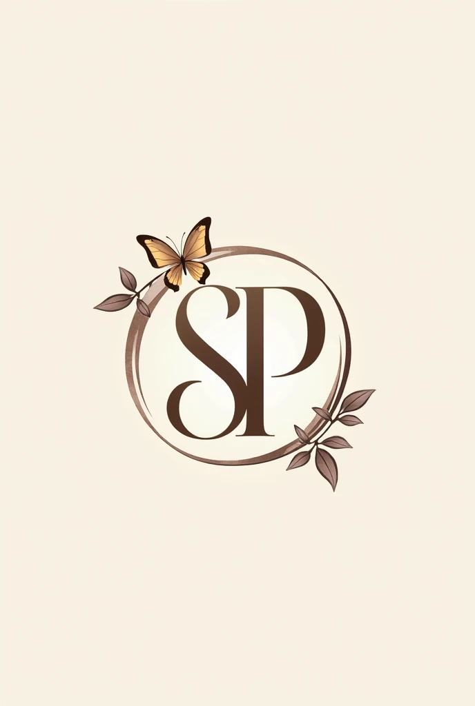 Logo for accessories, with neutral tones colors, combined with metallic color accents, with a Style: minimalist, elegant, con un Monograma elegant con las iniciales sp junto a un circulo y complementado con una mariposa