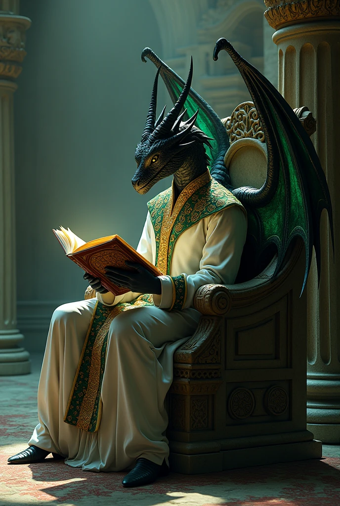 A half-dragon man with black scales and a flamboyant wing on a stone throne, wearing white clothes with green and gold details. holding a magical book