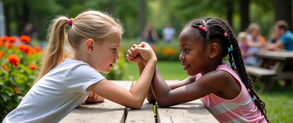 White-skinned girl with blonde hair vs black-skinned girl with braids arm wrestling
White girl wins