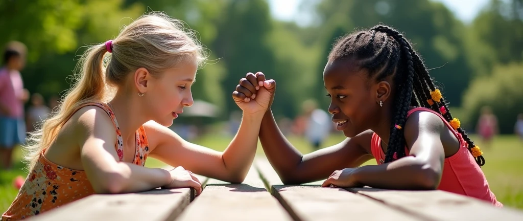 White-skinned girl with blonde hair vs black-skinned girl with braids arm wrestling
White girl wins