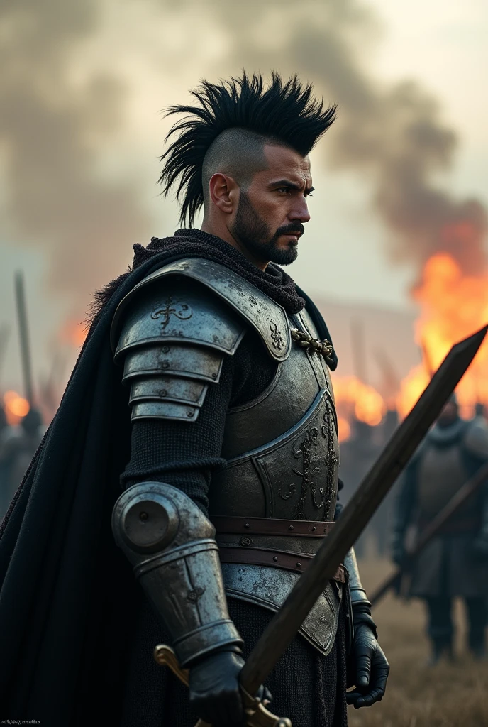A warrior. He has intense black eyes and black hair cut in a mohawk style. He wears typical medieval soldier armor,In your right hand, He holds a long sword. His left arm is covered in cuts.