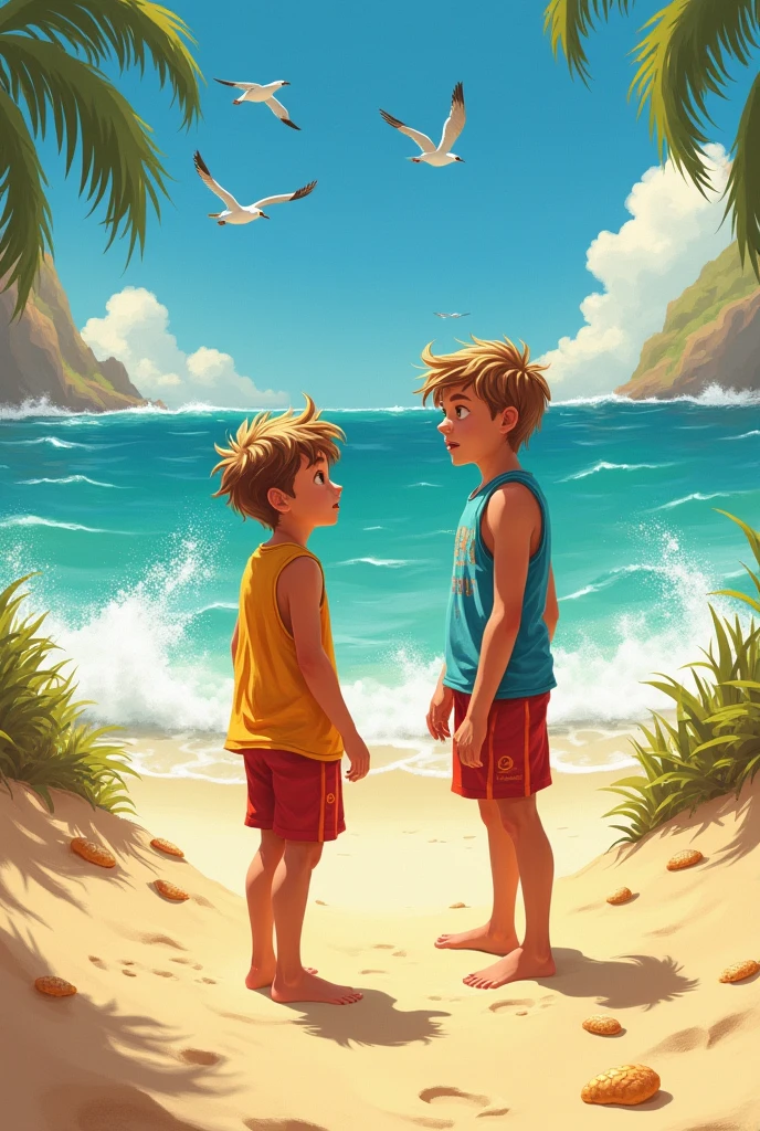 two teenage boys lost in the sand on the beach.