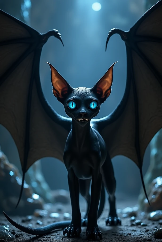 devil, feline style but hairless with huge blue eyes and pointed ears, jaws full of fangs, black bat-like wings and a long, scaly tail. 