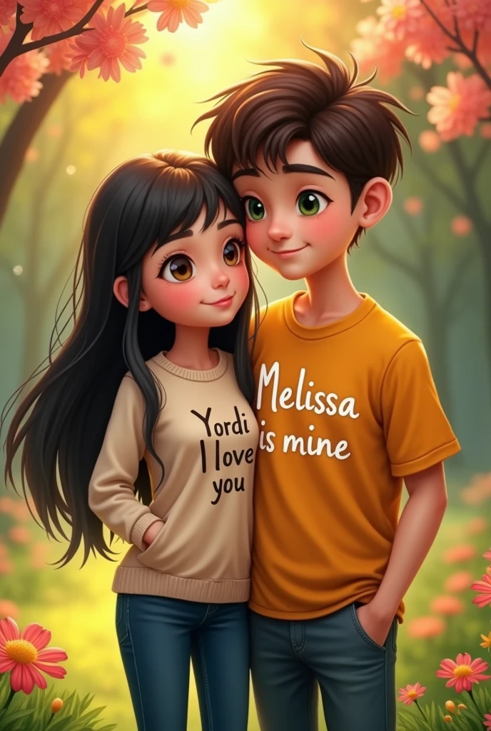 A married couple, the girl skinny.long black hair , dark brown eyes and her shirt written the name Yordi I love you . And the white boy a little chubby ,Short brown hair with a bit of bangs falling on the forehead and green eyes and his shirt that says Melissa is mine