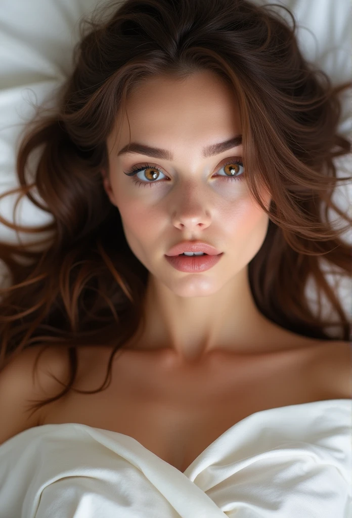 arafed femme pleinement , fille sexy aux yeux marrons, Ultra réaliste, minutieusement détaillé, Portrait Sophie Mudd, cheveux bruns et grands yeux, selfie d'une jeune femme, yeux de la chambre, violette myers, sans maquillage, maquillage naturel, regarder directement la caméra, visage avec artgram, maquillage subtil, superbe photo nue sous un drap blanc et endormie