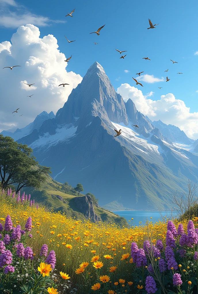 a mountain with lots of flowers and birds flying in the sky