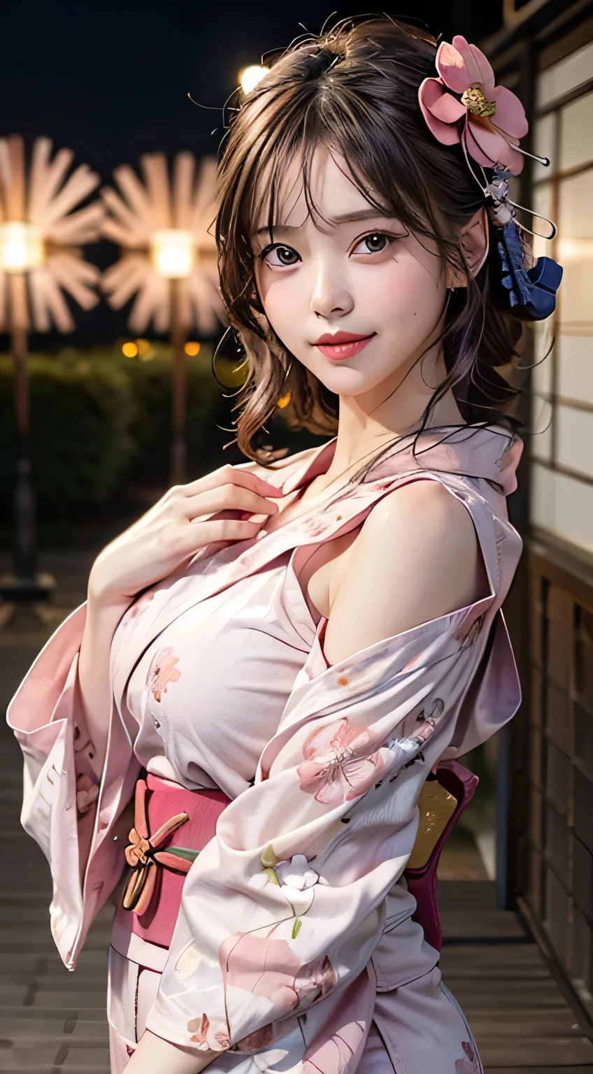(1 girl), Extremely cute face, Amazing face and eyes, (Highly detailed eyes, Highly detailed face), fresh, Very clean appearance, (Hyper-realistic, high resolution), (Best Quality:1.4), Raw photo, (Realistic, Photorealsitic:1.37), Professional Photography, (light pink floral pattern yukata:1.5), (Open yukata), (cleavage:1.2), (Bare shoulders), Smile slightly, (Staring at me), Bedroom, girl portrait,