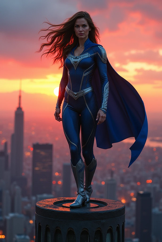Superheroine on top of a building looking at the viewer