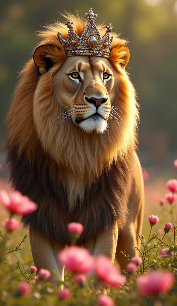 Strong and beautiful female lion, ultra realistic 8k with details of pink flowers and a queen's crown 