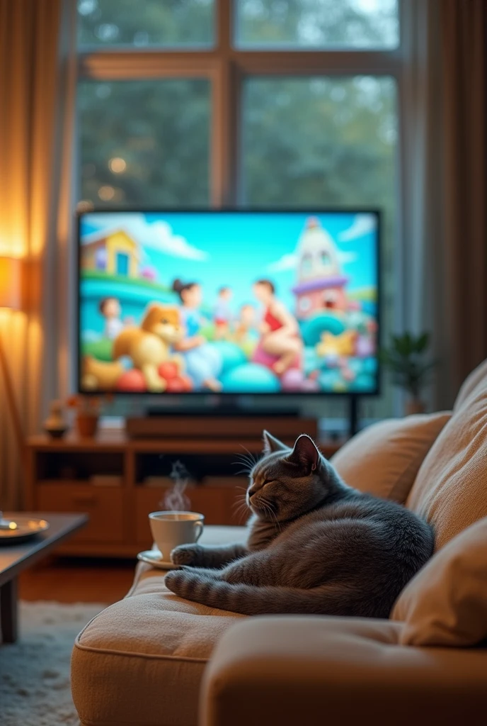 Room with TV playing cartoons, rainy daytime